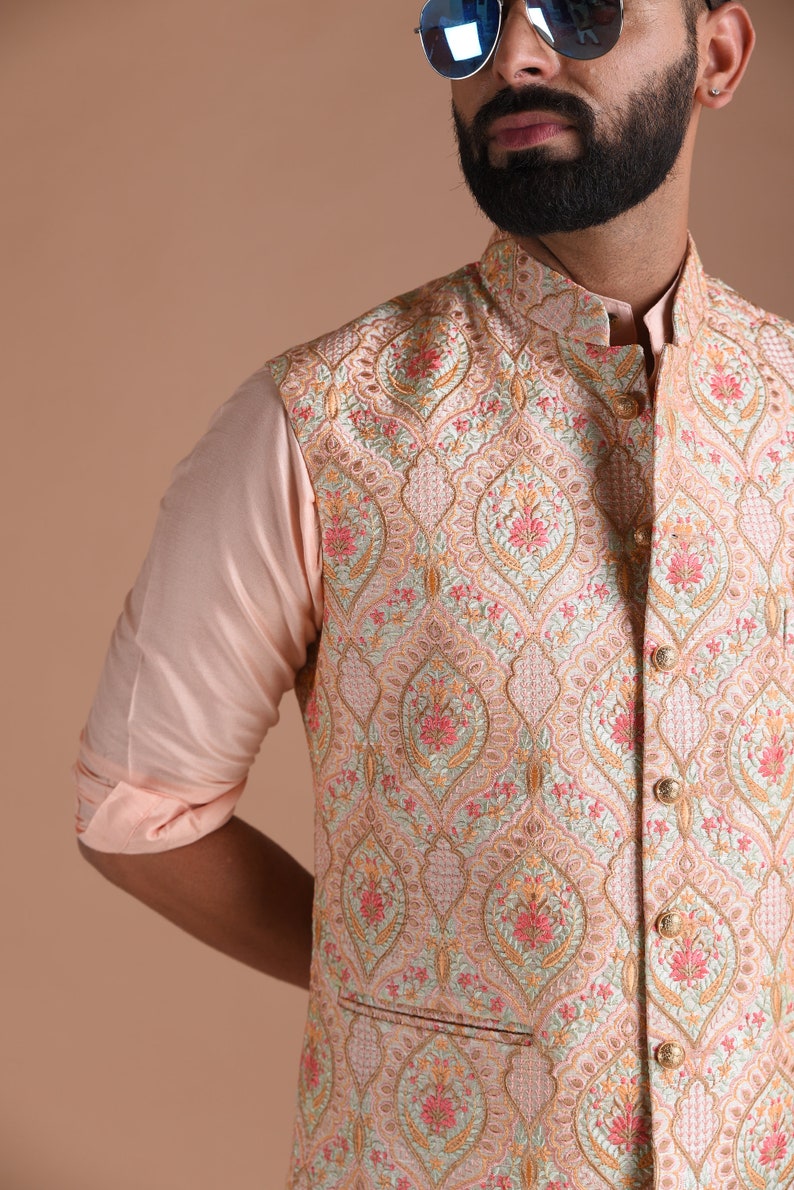 Elegant Banarsi Light Pink Color Designer Half Jodhpuri Jacket with Silk Kurta Pajama Set Fee Personalisation Festivals Family Function image 2