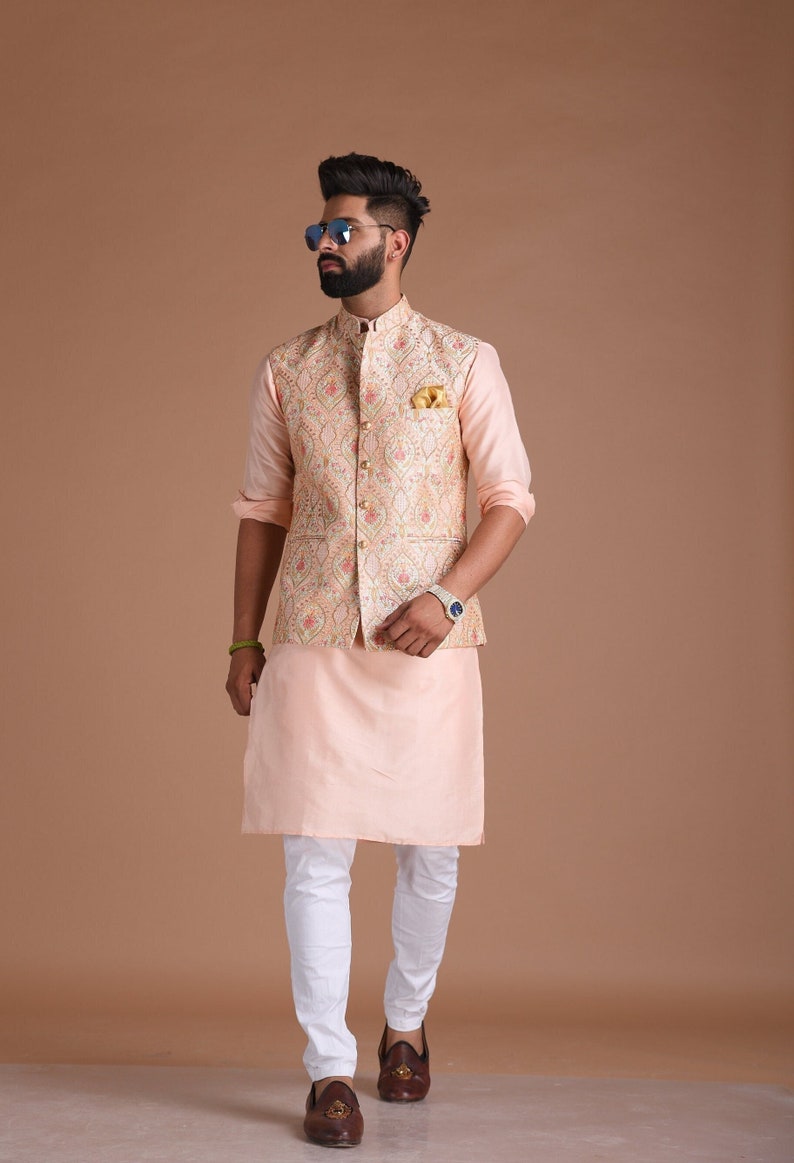 Elegant Banarsi Light Pink Color Designer Half Jodhpuri Jacket with Silk Kurta Pajama Set Fee Personalisation Festivals Family Function image 1