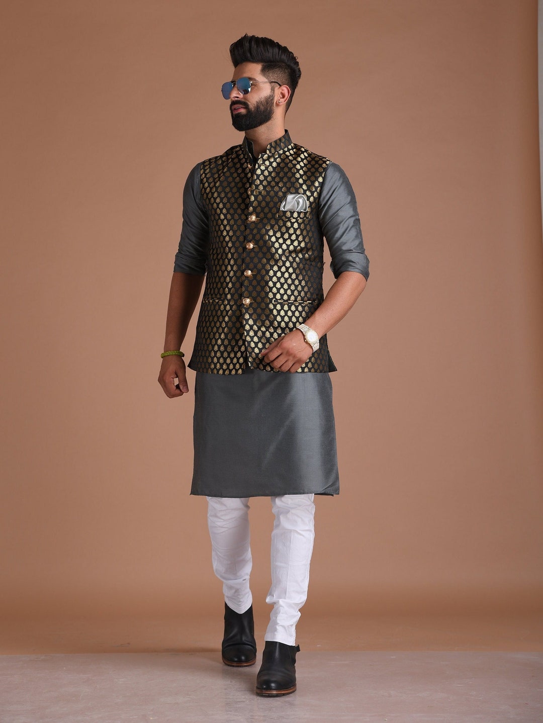 Booti Pattern Black Brocade Silk Jacket With Kurta Pajama Set | Free ...