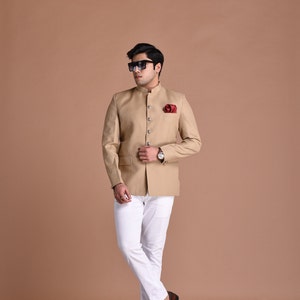 Tan Brown Designer Bandhgala Jodhpuri Blazer With White Trouser | Wedding Functions | Perfect for formal Party Wear