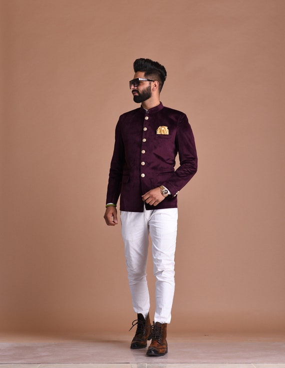 Buy Mulberry Bandhgala Jodhpuri Designer Blazer With White Trouser Online in India - Etsy Buy Mulberry Bandhgala Jodhpuri Designer Blazer With White Trouser Online in India - Etsy