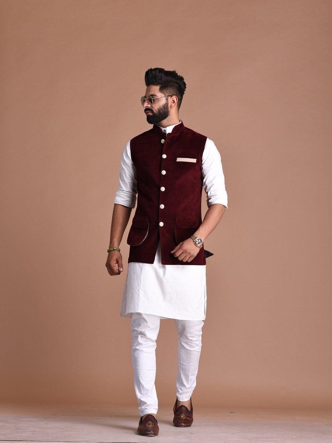 Handmade Elegant Maroon Velvet Nehru Modi Jacket With Kurta Pajama