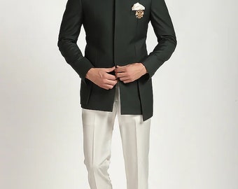 Bespoke Contemporarily Styled Dark Green Jodhpuri Bandh gala Suit | Perfect Wedding and Party Wear | Free Personalisation