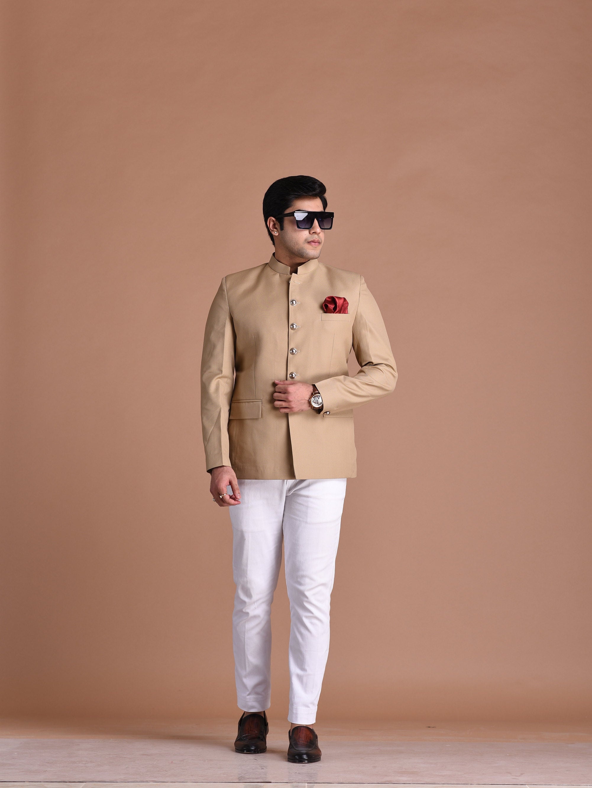 Tan Brown Designer Bandhgala Jodhpuri Blazer With White Trouser
