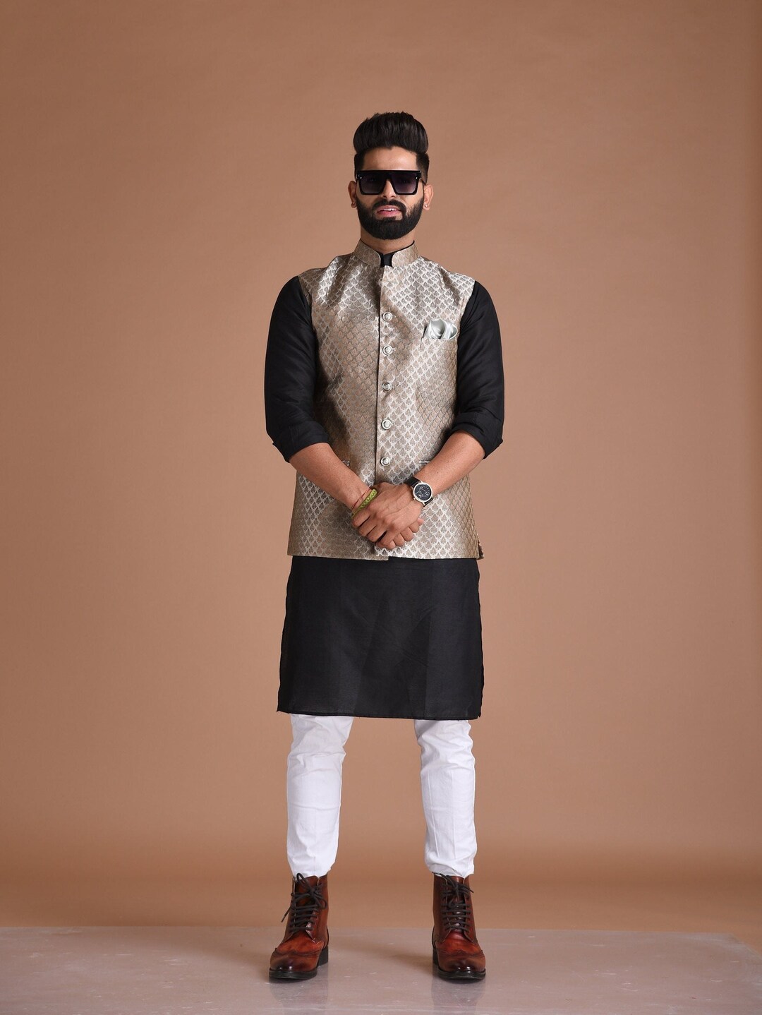 Handmade Booti Pattern Brocade Silk Half Jodhpuri Jacket With Kurta ...