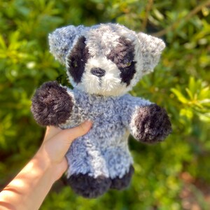 May include: A plush raccoon stuffed animal with a gray and white body, black accents on the paws, ears, and around the eyes. The soft toy is held up against a blurred green background.
