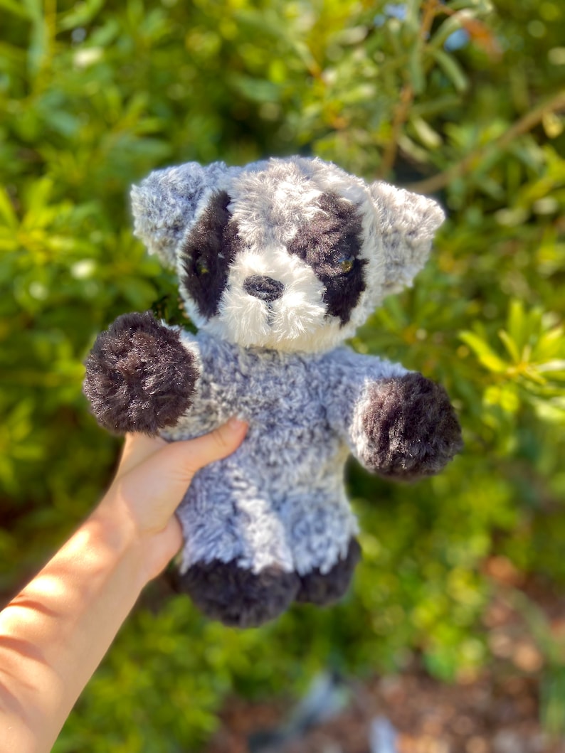May include: A plush raccoon stuffed animal with a gray and white body, black accents on the paws, ears, and around the eyes. The soft toy is held up against a blurred green background.