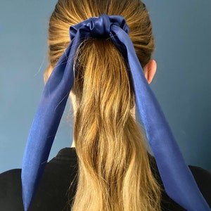 May include: A blue satin scrunchie tied in a bow around a ponytail.
