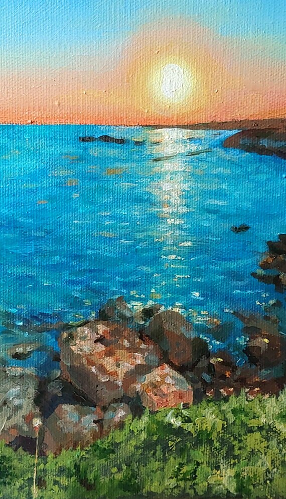 油絵 オリジナル海景 夜明けの雲 太陽 海、石、草、まぶしさ 油絵 オリジナル海景 夜明けの雲 太陽 海、石、草、まぶしさ