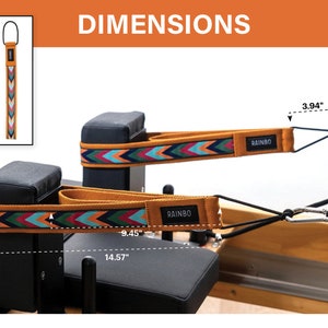May include: Two orange and multi-colored straps with a chevron pattern and the word "RAINBO" printed on them. The straps are attached to a black padded platform with a wooden base. The straps are 14.57 inches long, 9.45 inches wide, and 1.57 inches high. The straps are 3.94 inches wide at the end where they attach to a metal hook.