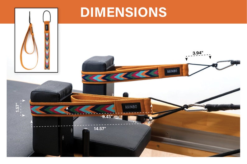 May include: Two orange and multi-colored straps with a chevron pattern and the word "RAINBO" printed on them. The straps are attached to a black padded platform with a wooden base. The straps are 14.57 inches long, 9.45 inches wide, and 1.57 inches high. The straps are 3.94 inches wide at the end where they attach to a metal hook.