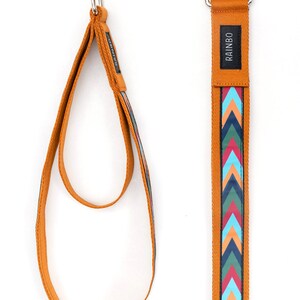May include: Two brown straps with silver D-rings. One strap has a colorful chevron pattern and the text "RAINBO" printed on it. The other strap is plain.