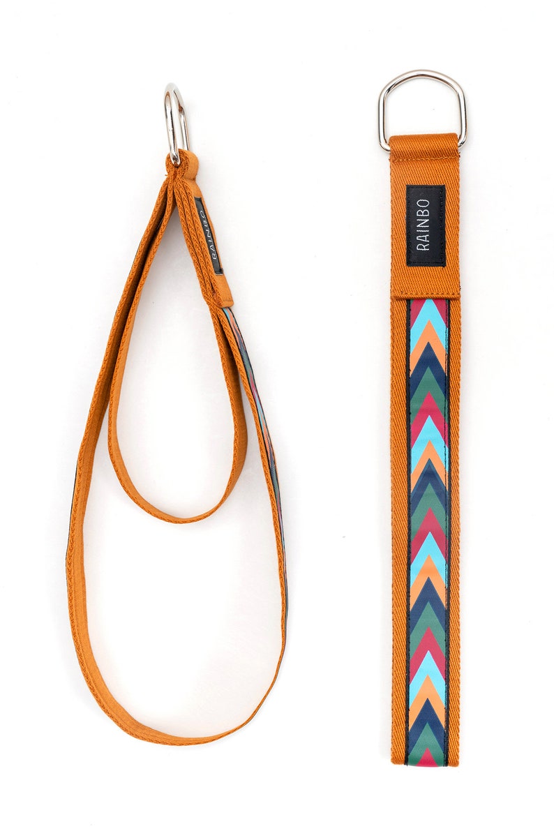May include: Two brown straps with silver D-rings. One strap has a colorful chevron pattern and the text "RAINBO" printed on it. The other strap is plain.