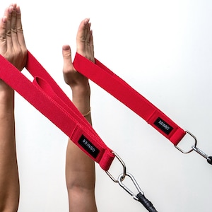 May include: Two red exercise straps with black metal clips and the word "RAINBO" printed on each strap.