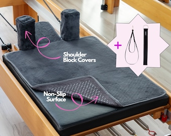 Pilates Reformer Non-Slip Mat Towel, Double Straps 1 Pair (Included 2 Pcs Shoulder Block Covers