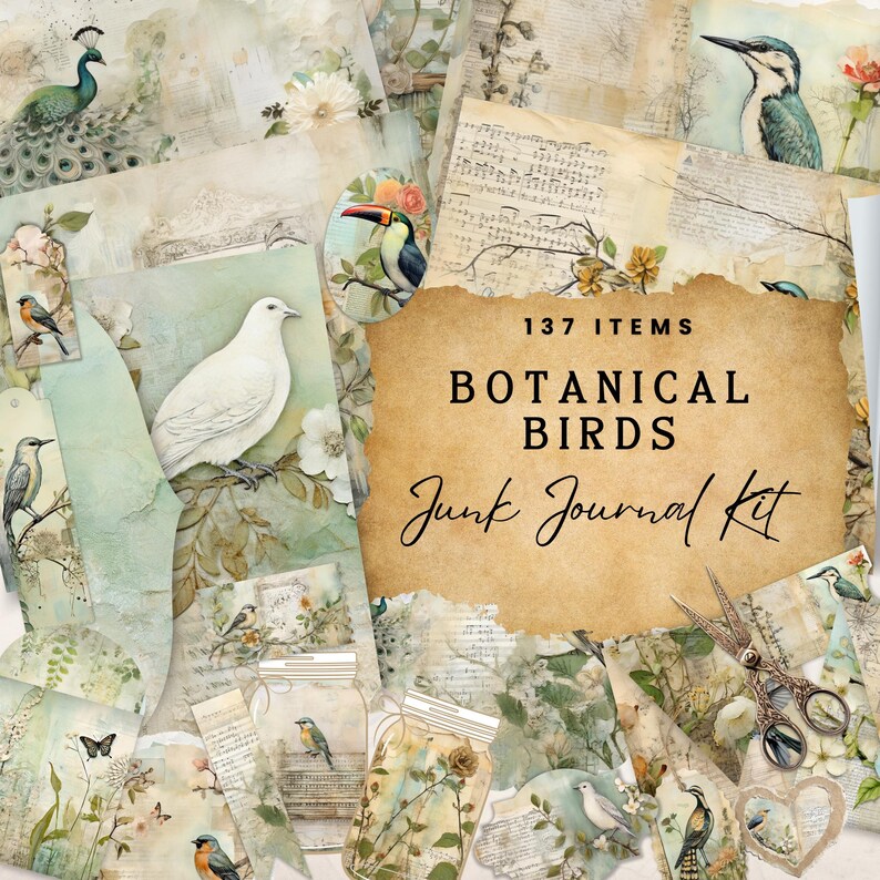Botanical Birds Junk Journal Kit | Sage Green Botanical Digital Folio ...