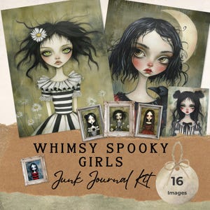 Quirky Characters Halloween Digital Papers - Spooky Junk Journal Kit - Halloween Printable Cards - Quirky Girls - Whimsical Character