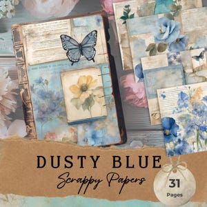 Dusty Blue Scrappy Papers - Pale Blue Junk Journal Page - Scrapbook Paper -  Blue Floral Junk Journal Papers - French Blue Digital Papers