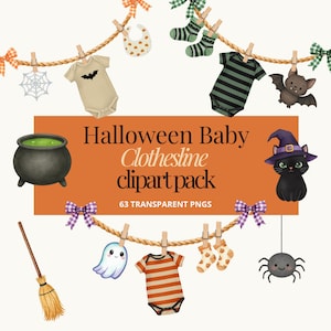 以下が含まれることがあります： ハロウィーンをテーマにしたベビー服とアクセサリーのデジタルクリップアートパック。画像には、ベビー服、靴下、よだれかけが並んだ物干しロープ、大釜、魔女の帽子をかぶった黒猫、クモが含まれています。