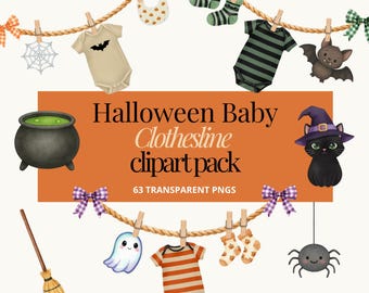 Halloween Clothesline Clipart, Watercolor Baby Clothes Line PNG, Cute Spooky Nursery Graphics, 1st Halloween Baby Shower Download