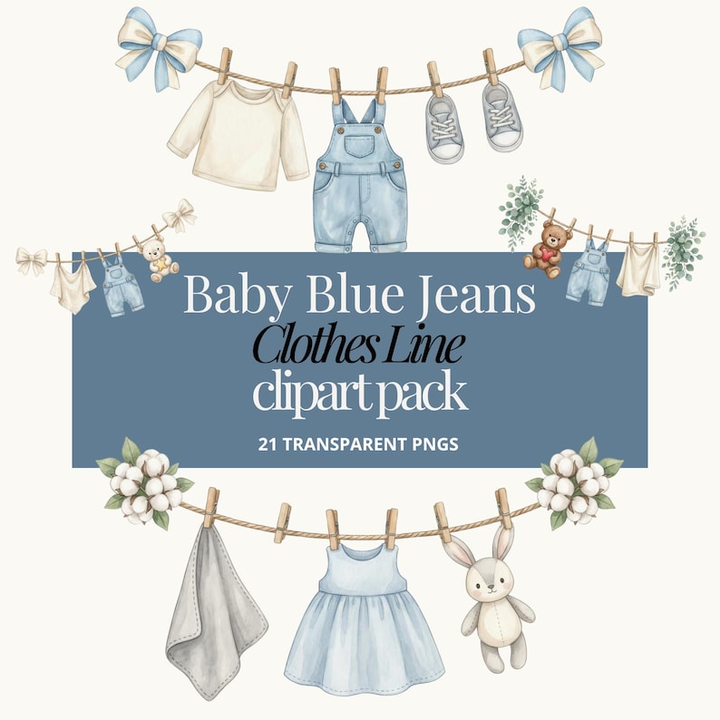 Blue Jean Baby Clothesline Clipart | Denim Baby Shower PNG | Nursery ...