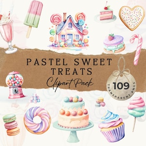 以下が含まれることがあります： パステルカラーの甘いお菓子のウォーターカラークリップアート画像109点セット。キャンディーハウス、カップケーキ、ドーナツ、マカロン、ロリポップ、ガムボールマシン、ケーキなど。招待状、カード、その他のクラフトの作成に最適です。