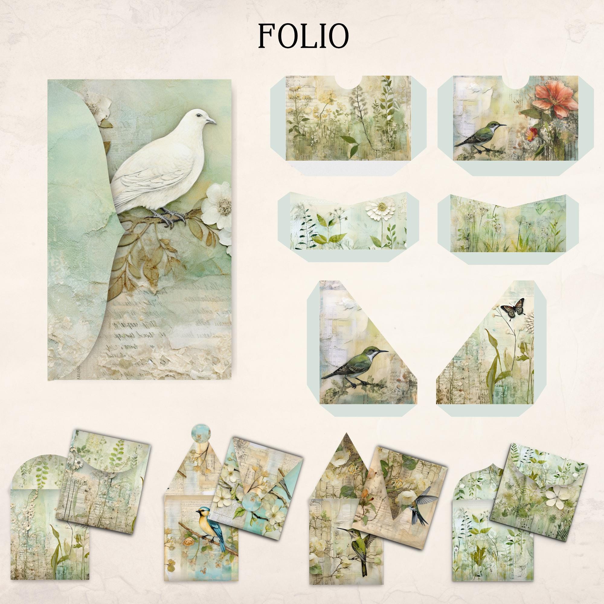 Botanical Birds Junk Journal Kit | Sage Green Botanical Digital Folio ...