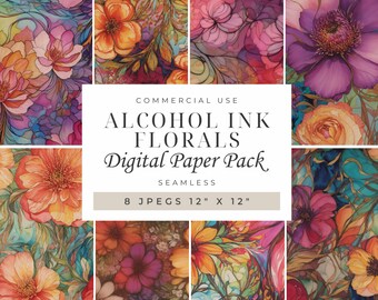 8 ALCOHOL INK FLORALS Jpegs, Watercolor Ink Mix Floral Seamless Pattern, Backgrounds, Printable Digital Paper, Texture Pack, commercial use