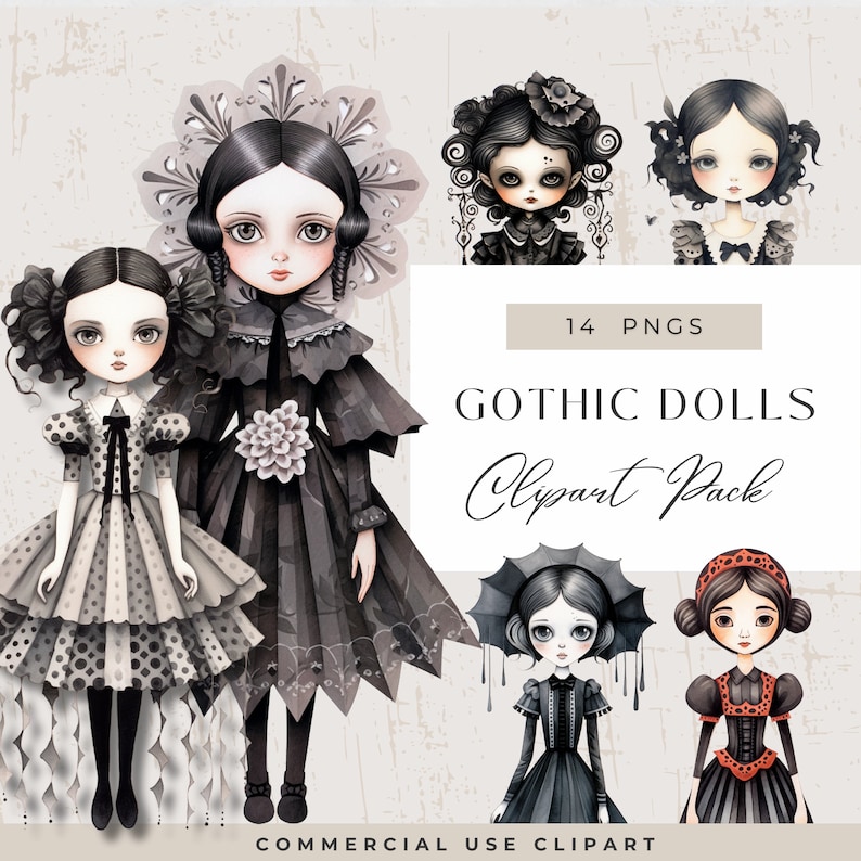 WHIMSICAL GOTHIC DOLL Clipart, Whimsical Gothic Pngs for scrapbooking, Junk Journals, quirky clipart, Gothic Character Graphics.