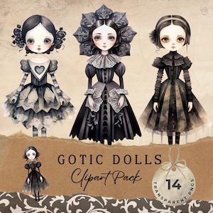 WHIMSICAL GOTHIC DOLL Clipart | Vintage Paper Dolls Clipart | Paper Dolls Ephemera | Whimsical Paper Dolls Graphics | Paper Doll Clipart