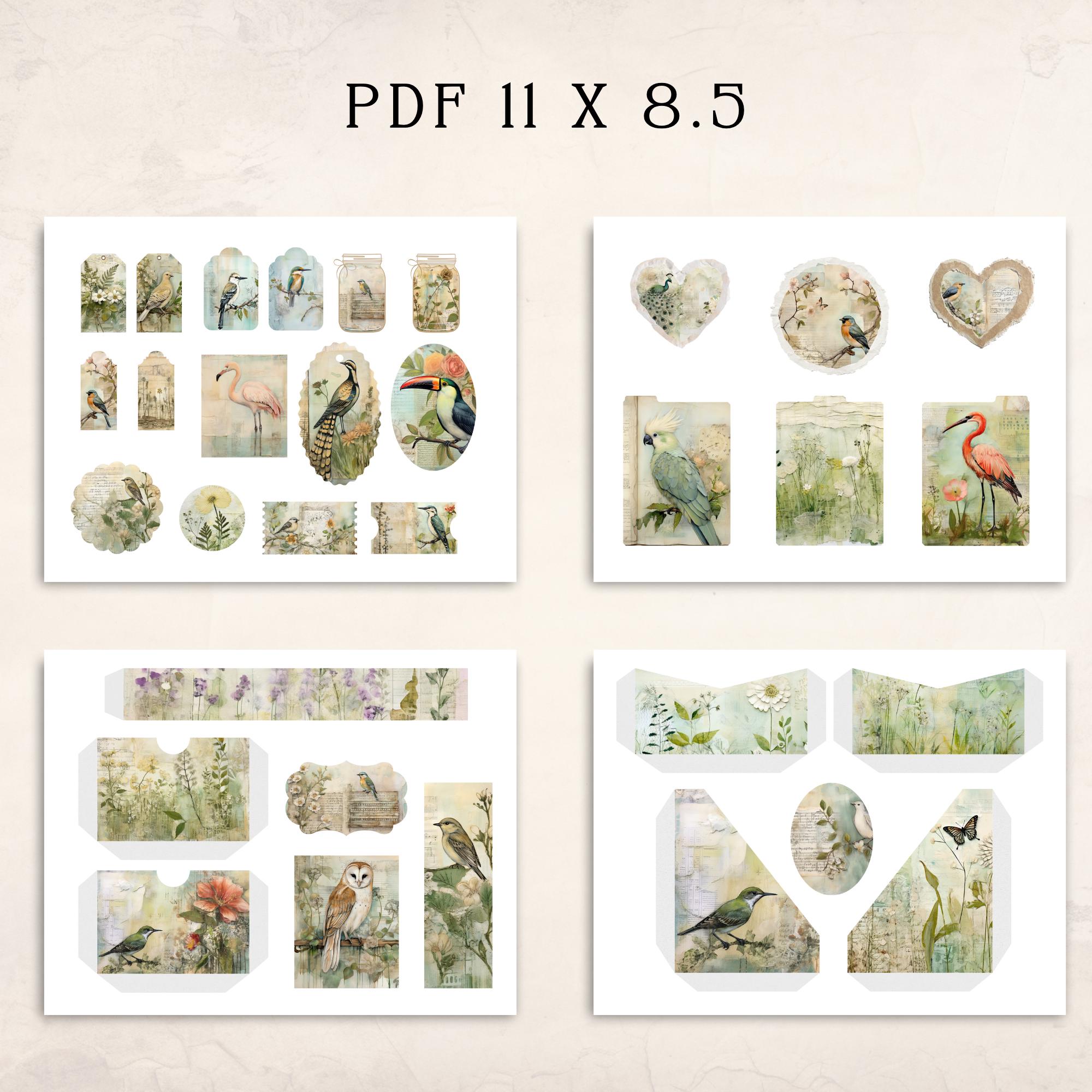 Botanical Birds Junk Journal Kit | Sage Green Botanical Digital Folio ...