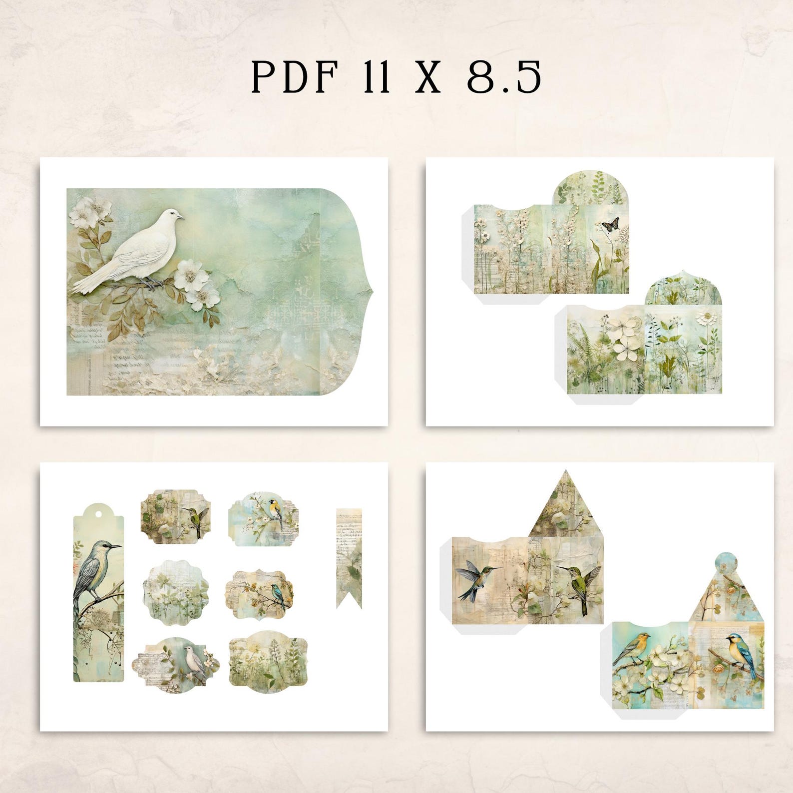 Botanical Birds Junk Journal Kit | Sage Green Botanical Digital Folio ...