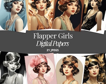 May include: Digital art prints featuring vintage flapper girls with bobbed hairstyles, headbands, and pearl necklaces. The image includes the text "Flapper Girls Digital Papers" and "21 JPEGS". The artwork has a retro aesthetic.