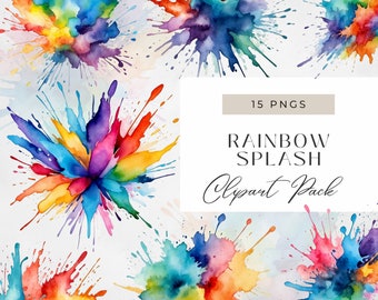 VIBRANT RAINBOW WATERCOLOR Splash Clipart, Paint Splash Pngs , Abstract Clipart , Digital Download, Transparent Pngs, Alcohol Ink