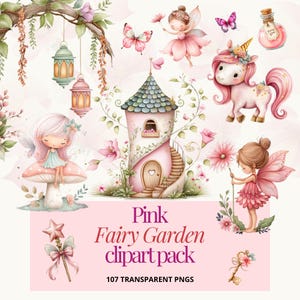 Pode incluir: Um pacote de cliparts digitais com o tema jardim de fadas rosa. A imagem inclui ilustrações de fadas, um unicórnio, uma casa de fadas, borboletas, flores e lanternas. O texto "Pink Fairy Garden clipart pack" é exibido.