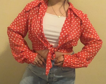 vintage 80s polka dot tie front blouse