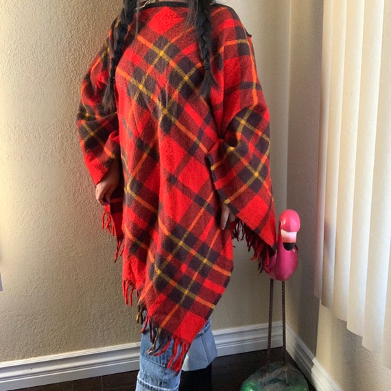 Vintage 80s plaid blanket Poncho - image 1