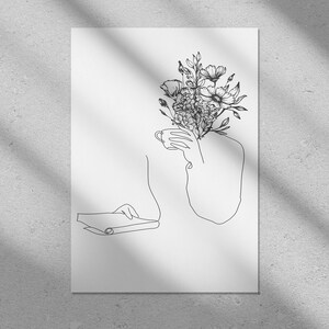 Book Lover, Wall art, Printable Art, Black And White Art, Line Art, Floral, Coffee, Modern Home Decor Art