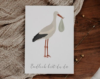 Postcard stork "You're finally here" - A6 card for birth - baby card for birth