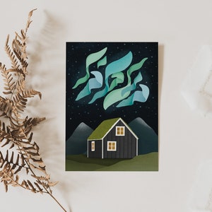 Postkarte Nordlichter Island Haus Aurora Borealis A6 Karte Reise - Postkarte Iceland Cabin - Geschenkverpackung Reise - Postkarte Island
