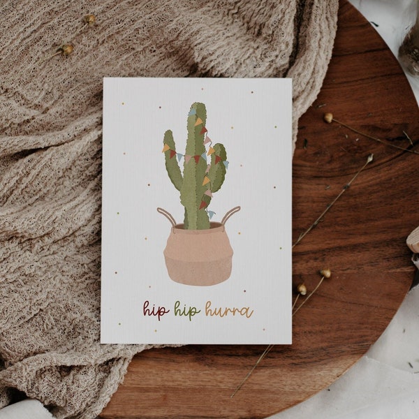 Geburtstagskarte "Hip Hip Hurra" Kaktus - A6 Postkarte Geburtstag - Grußkarte Party Kaktus