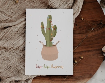 Carte d'anniversaire "Hip Hip Hourray" cactus - Carte postale A6 anniversaire - carte de voeux fête cactus