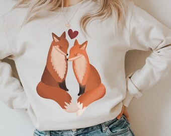Fox Love Couple Sweater, Organic Cotton Fox Gift - Cozy Sweater Fox Couple Love Cottagecore Fox Sweatshirt - Cottagecore Forest