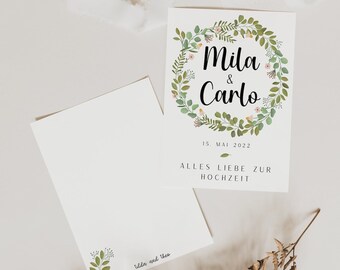 Carte de félicitations mariage avec nom - carte de mariage A6 personnalisée - carte postale félicitations pour le mariage eucalyptus - carte postale mariage