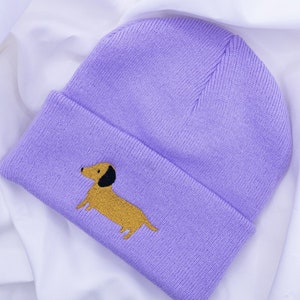 Dachshund Hat Beanie with Embroidered Dog Dachshund Gift Winter Hat Purple Gift Dogmom Dachshund Love Dog Breed Gift Idea image 1