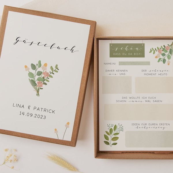 Gästebuchkarten Hochzeit Eukalyptus - A5 Karten beidseitig bedruckt - kreative Alternative zum Gästebuch - Fragekarten zum Ausfüllen
