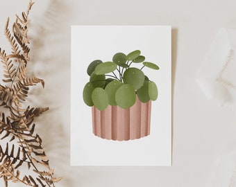 Postcard Plant Pilea Potted Plant Houseplant Botanical Greeting Card - Thank You Card Neutral Boho Plant Lover Illustration House Plant