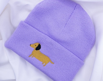 Dachshund Hat Beanie with Embroidered Dog - Dachshund Gift Winter Hat Purple - Gift Dogmom Dachshund Love Dog Breed Gift Idea