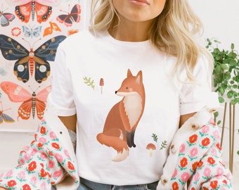 T-Shirt Fuchs Wiese Niedliches Füchse Waldtier Shirt  BIOBAUMWOLLE - Cottagecore Shirt - Fox Lover Gift Outfit - Füchse Shirt Forest Cute