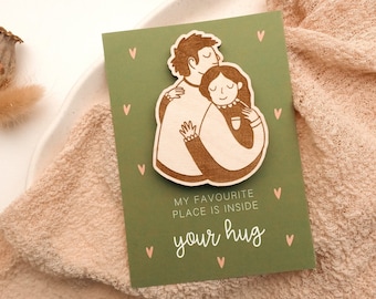 Magnet couple wooden on postcard fridge magnet hug - gift wedding love - anniversary card - wedding packaging gift